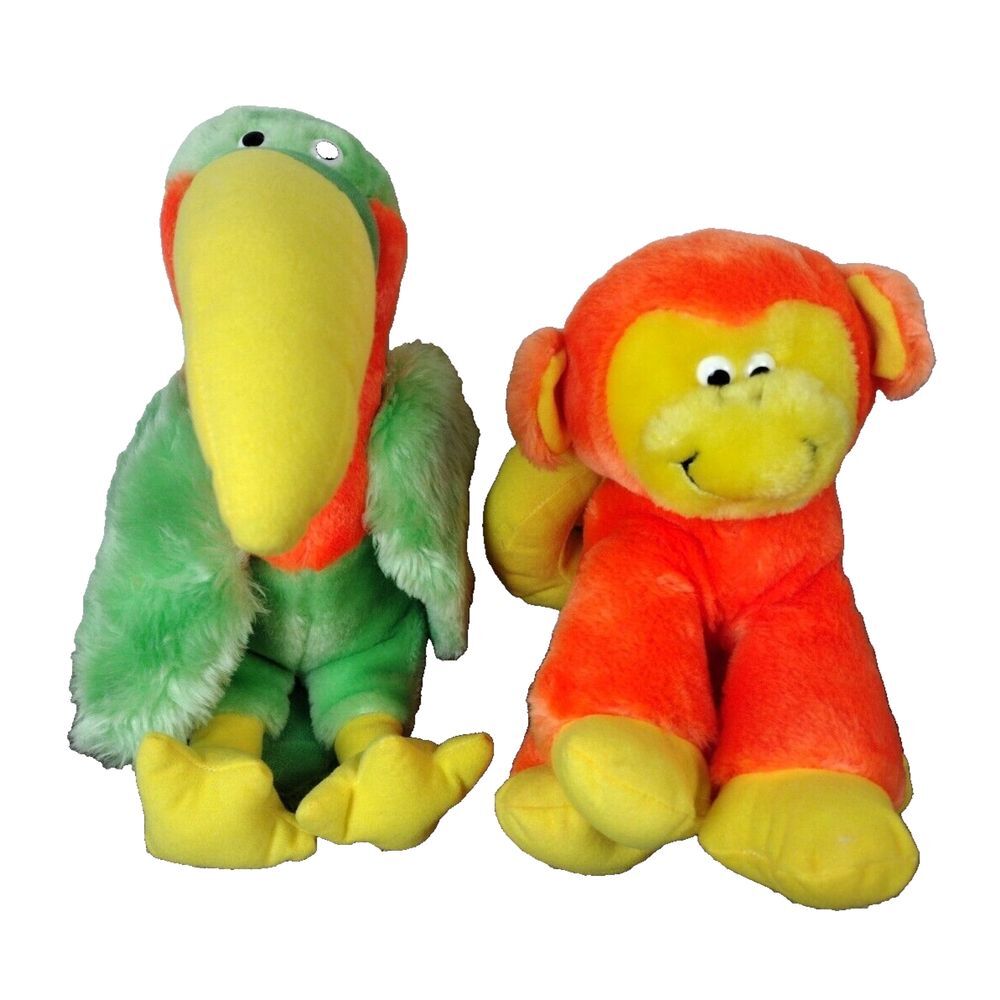 2- Dole Bananimals Orange Banachimp Plush & Green Tucan Vintage 80s Stuffed Toy